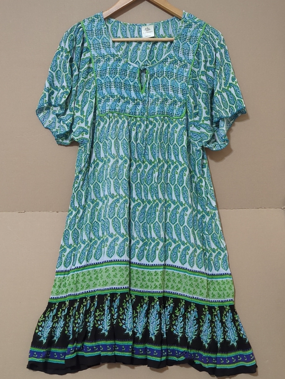 Forbidden Paisley Midi Dress Large Green Blue Flowy Embroidered Boho Chic